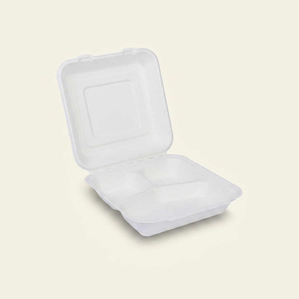 9x9 3-Compartment Bagasse Clamshell